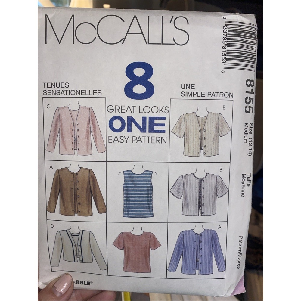 McCalls 8155 Sewing Pattern Misses Top & Jacket Size 12-14 Medium Uncut